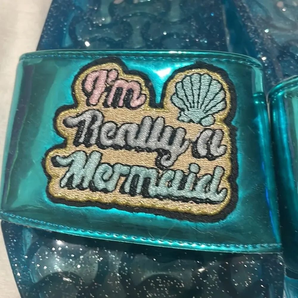 I’m really a mermaid teal turquoise slides jellies 12 euc beach pool vacation